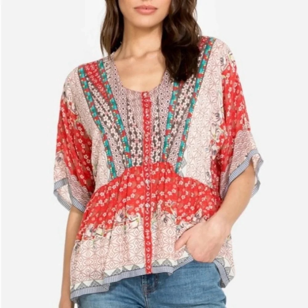 JOHNNY WAS Sz M Zado Button Down Blouse Top Embroidered Peasant Boho Lightweight
